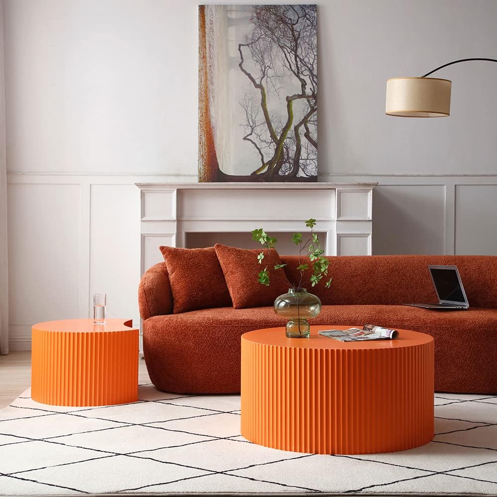 Modern Nesting Coffee Table Set, Round Wooden Drum Tables, Matte Orange