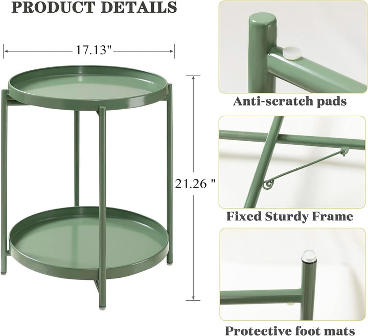 2 Tier Green Side Table, Folding Round Metal End