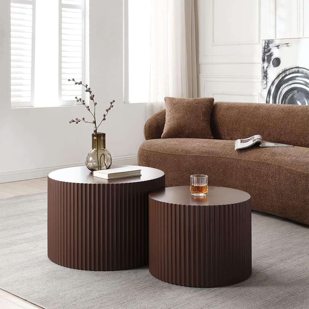 Modern Round Coffee Table Set, Nesting End Tables, Wood Circle