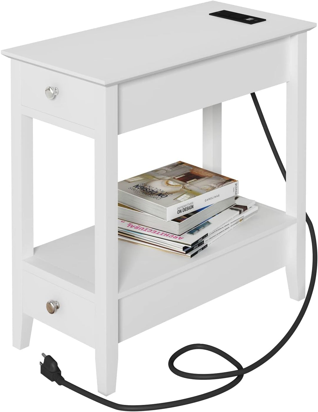 Side Table with Charging Station, 2-Drawer Nightstand