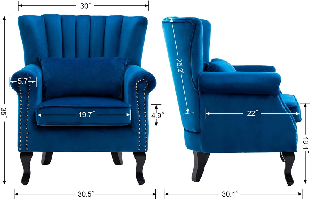 Blue Velvet Wingback Chair with Pillow