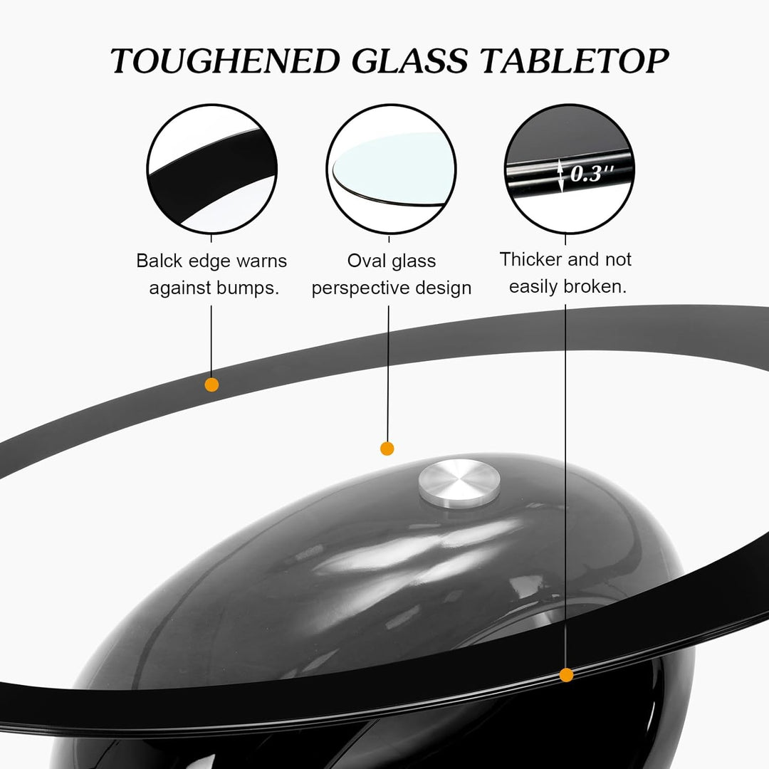 Oval Glass Coffee Table, High Gloss Hollow Base, Black