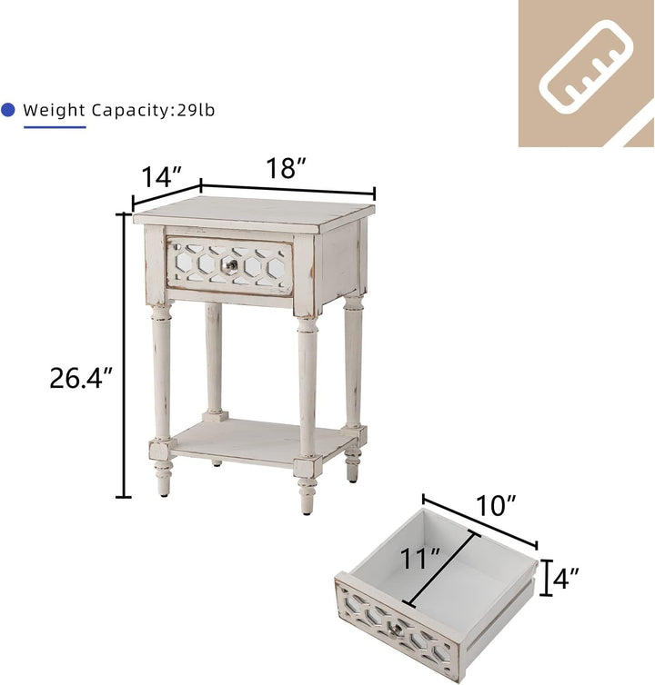 End Table w Drawer & Shlef, White Small Nightstand