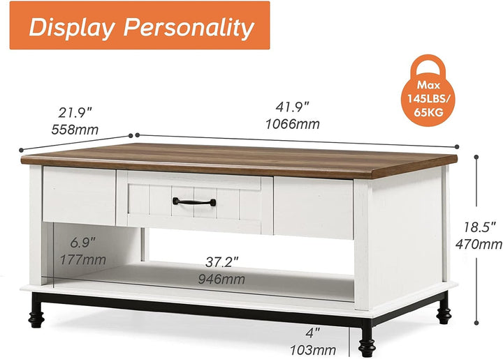 Modern Farmhouse Coffee Table, Large Rectangle Center Table, White/Oak