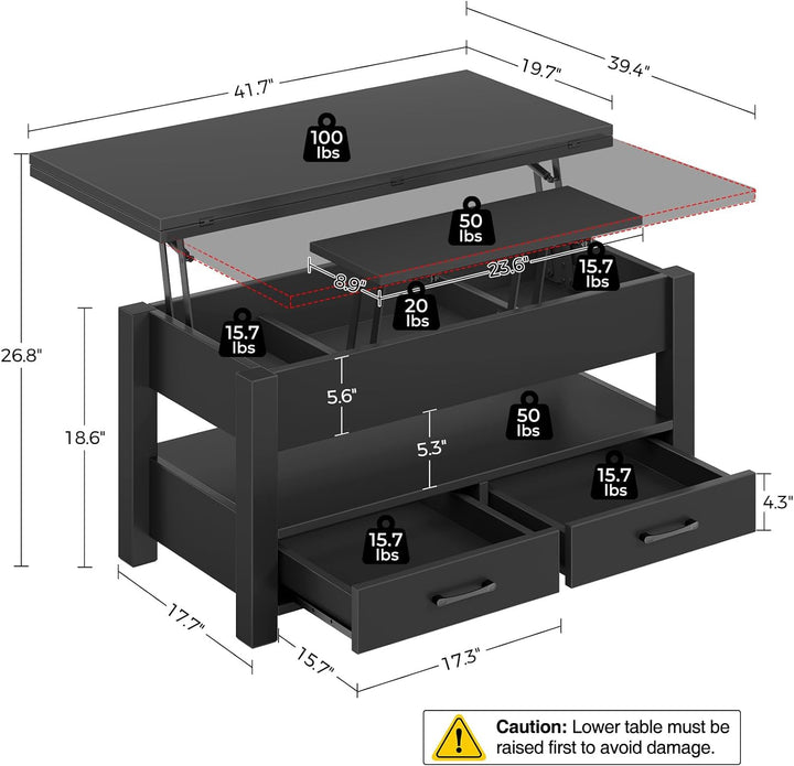 Multifunctional Coffee Table with Lift Top, Drawers, Hidden Compartment, Converts to Dining Table, Black