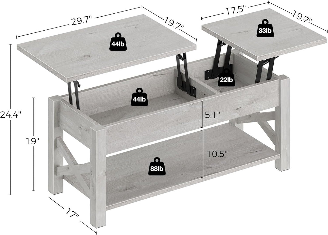 Farmhouse Coffee Table with Lift Top, Hidden Compartment, Grey