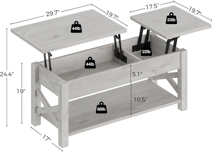 Farmhouse Coffee Table with Lift Top, Hidden Compartment, Grey