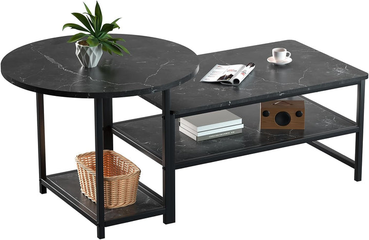 Sleek Modern Coffee Table Set, Detachable Center Table, Black Marble