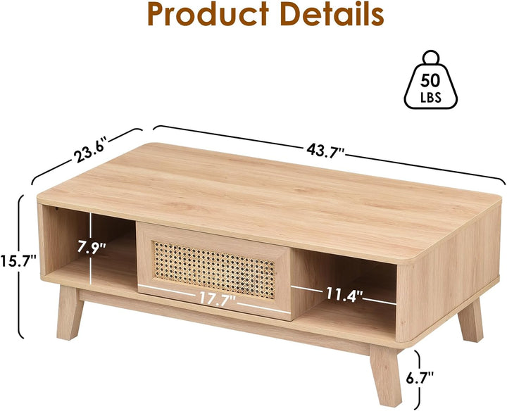 Coffee Table, Mid Century Modern Square with Rattan Drawer, Natural, 1