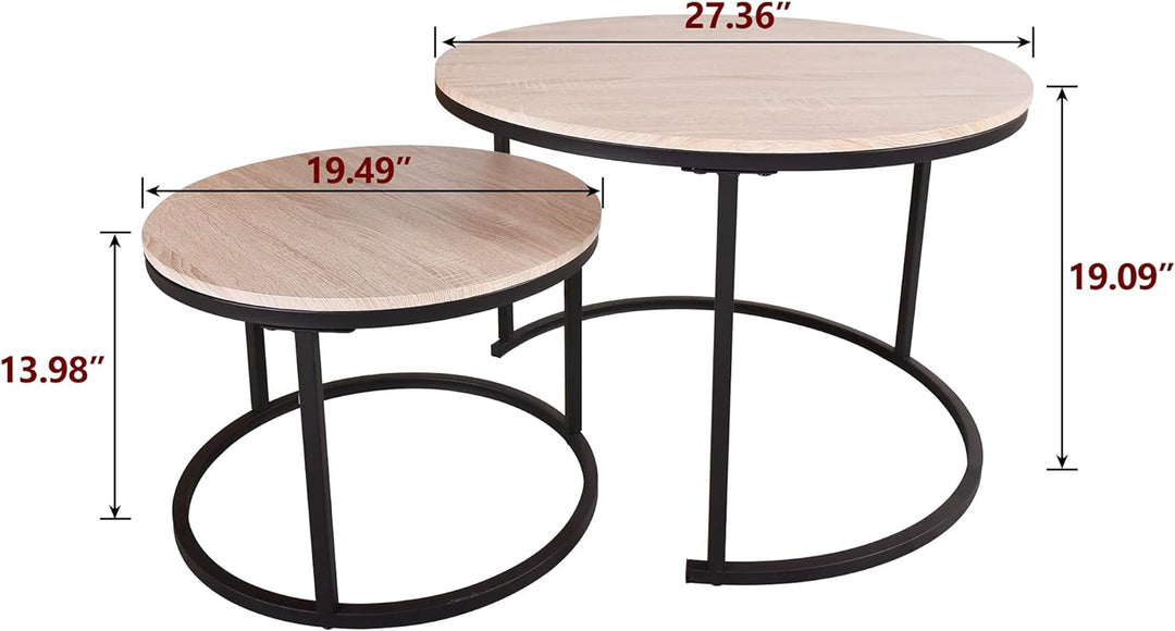 Industrial Round Coffee Table Set, Stacking Side Tables, Black and Teak Oak