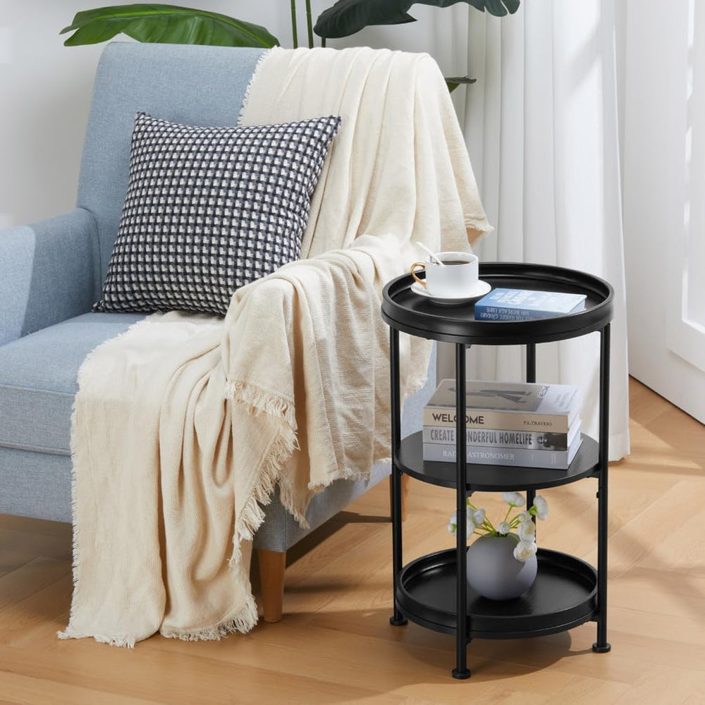 Side Table, 3 Shelves, Steel Frame, Black