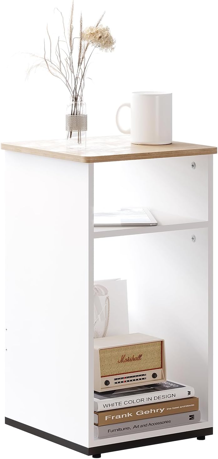 End Table with Storage Shelf, Small Side Table (White)