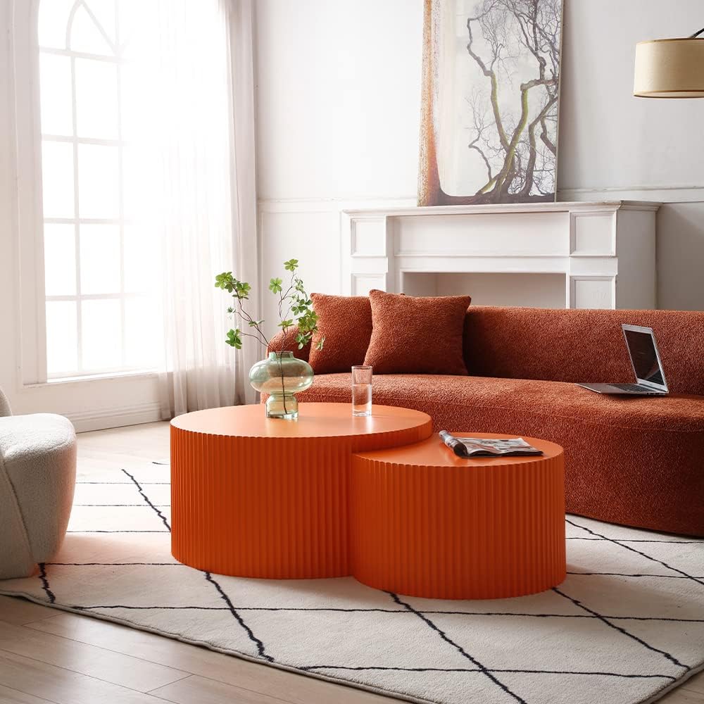 Modern Nesting Coffee Table Set, Round End Table Set, Wood Side Table, Orange