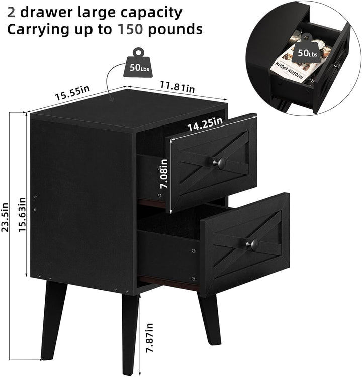 Nightstand Set of 2, Black End Table with 2 Drawers