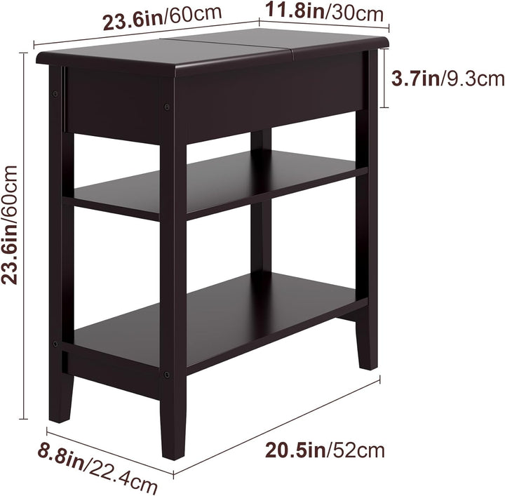 End Table, 3-Tier Flip Top Side Table, Narrow Nightstand