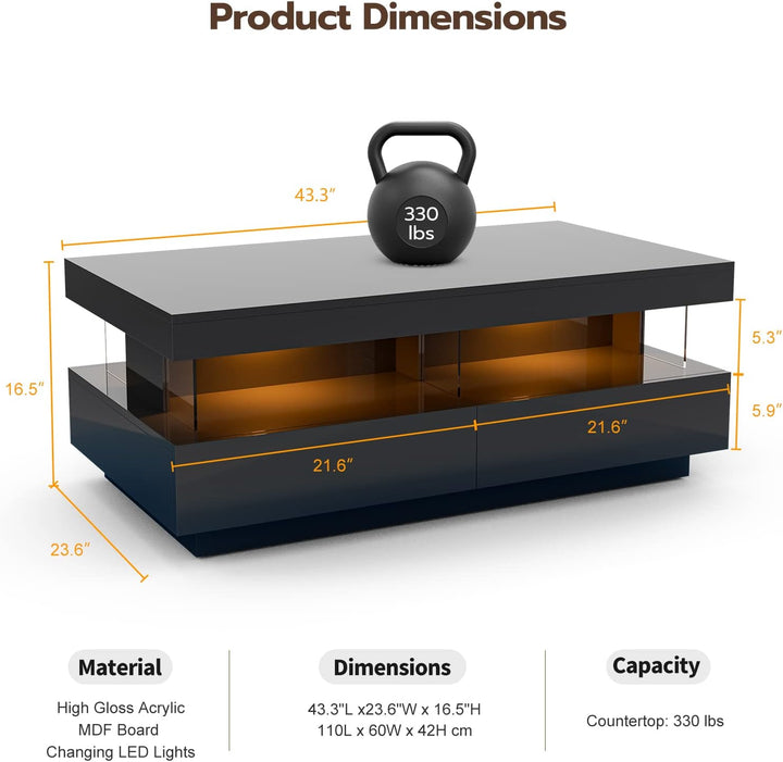 Modern LED Coffee Table, Black High Glossy Acrylic Design