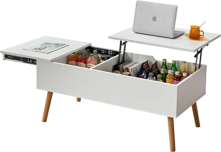 Coffee Table with Hidden Storage Drawer, Modern Lift Top Desk, White