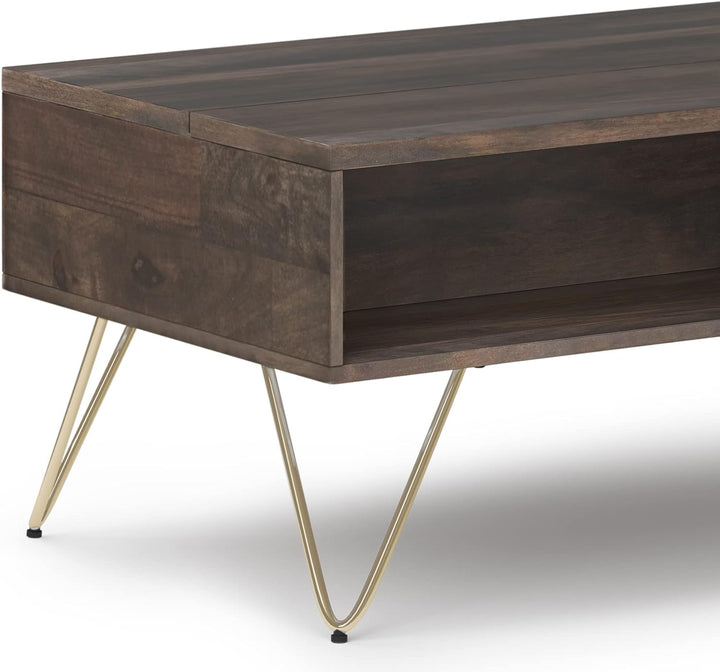 Solid Mango Wood and Metal Industrial Lift Top Coffee Table, Ebony