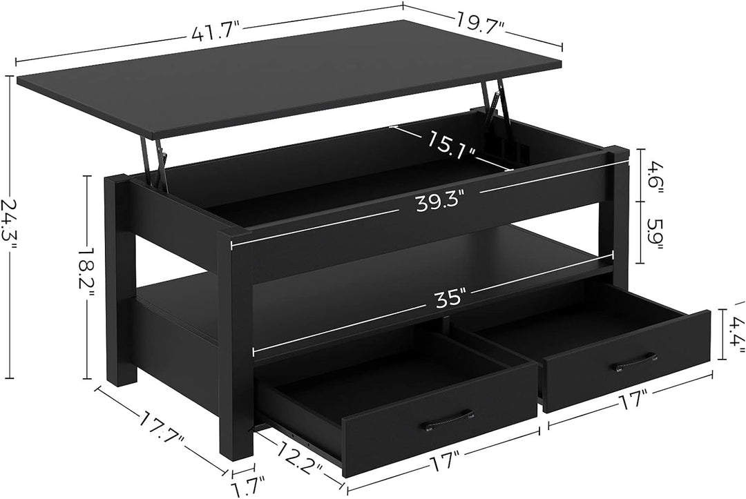 Lift Top Coffee Table with Drawers, Retro Central Table, Black