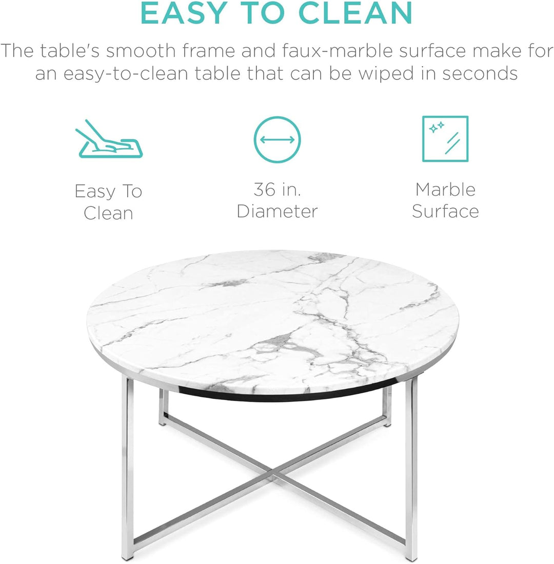 Faux Marble Accent Table, Modern Large End Table, White/Chrome