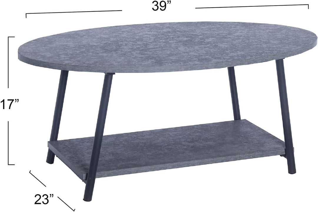 Oval Coffee Table with Storage Shelf, Rustic Slate Concrete and Black Metal, Grey