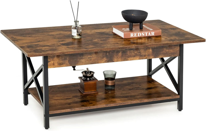 COSTWAY Industrial Coffee Table, 2-Tier Wood Cocktail Tea Table, Rustic Brown