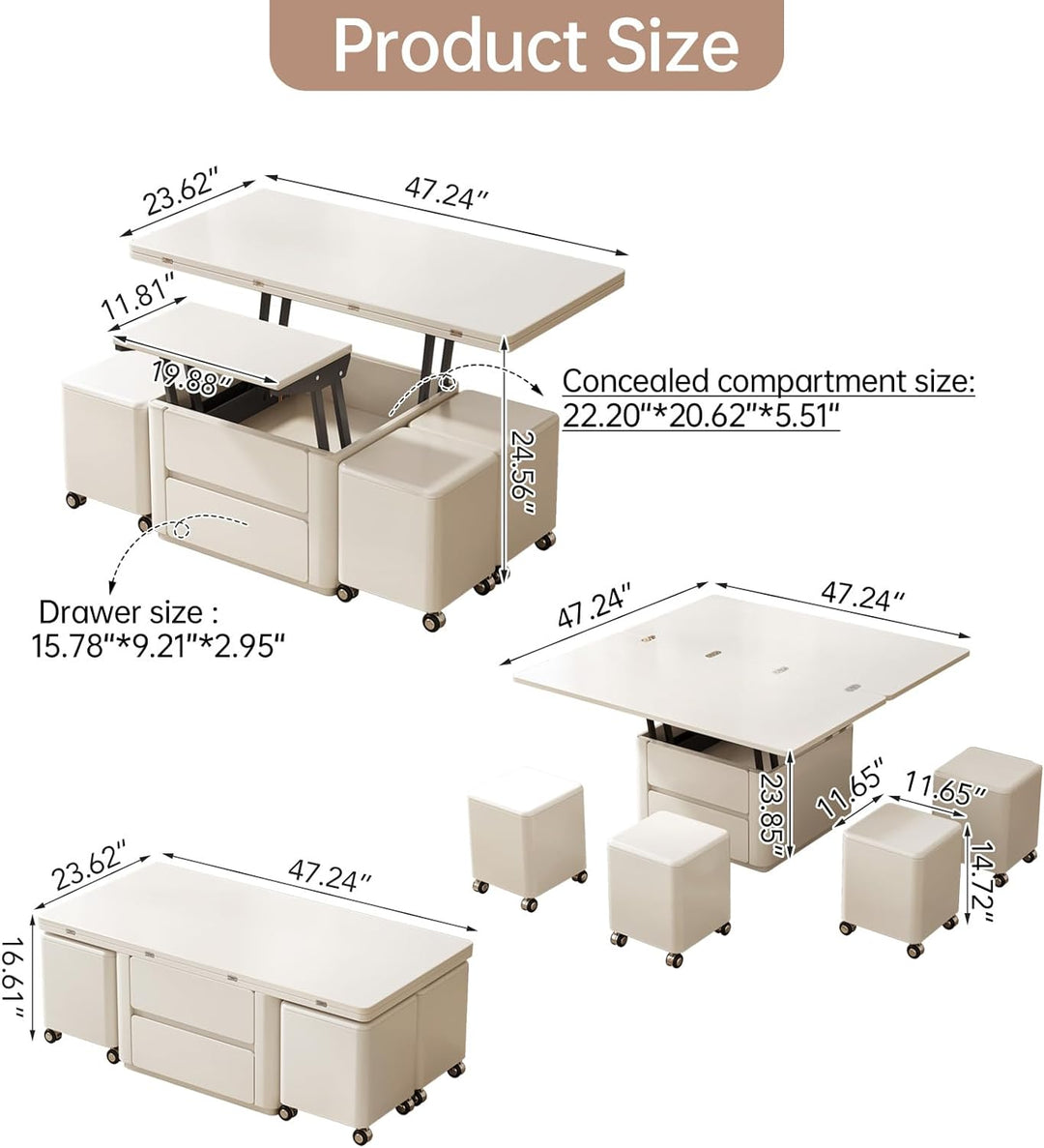 47.24" L Lift Top Coffee Table with 4 Stools, Hidden Storage, White