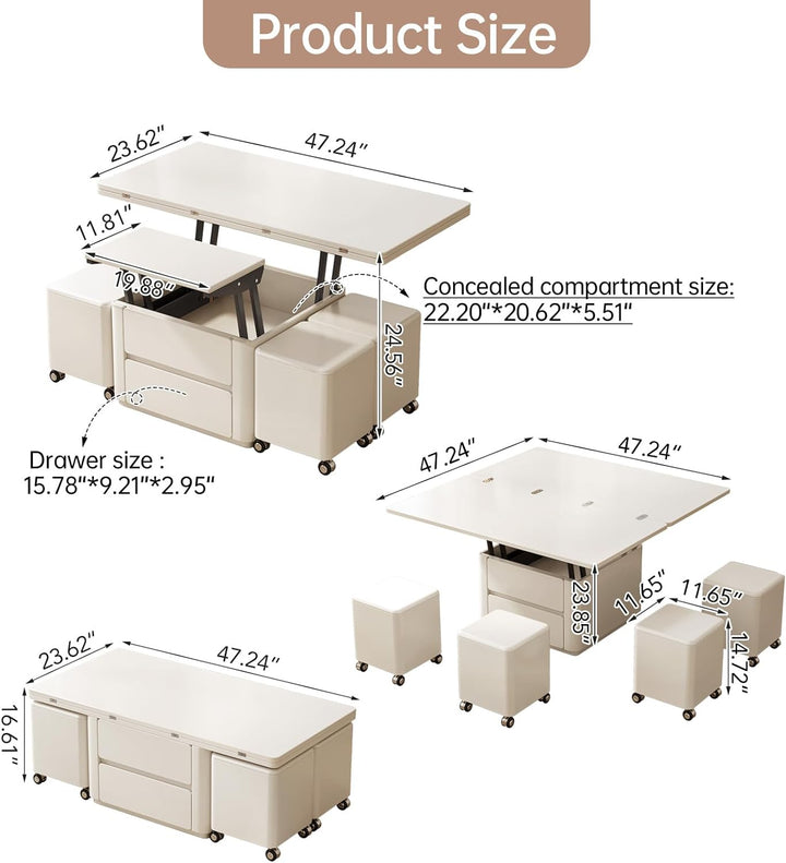 47.24" L Lift Top Coffee Table with 4 Stools, Hidden Storage, White