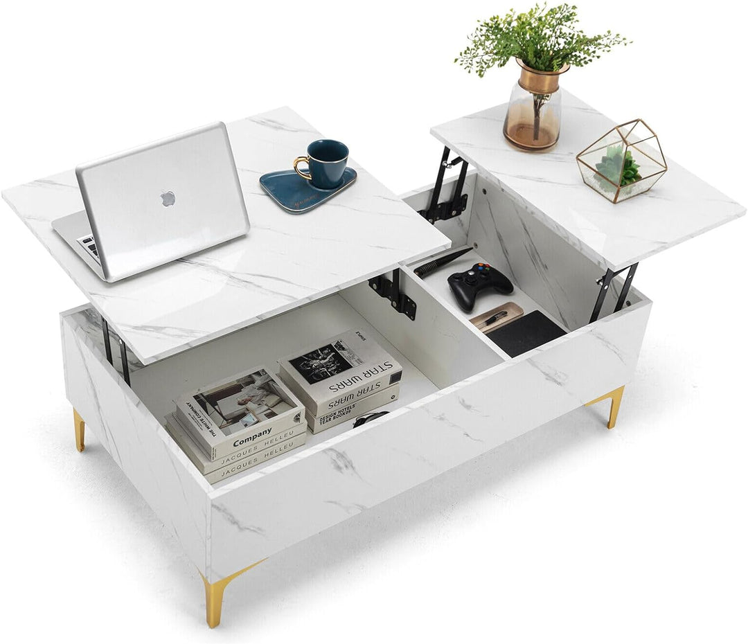 COSVALVE Lift Top Coffee Table, Modern Extendable Pull Up Center Table with Storage, White Marble