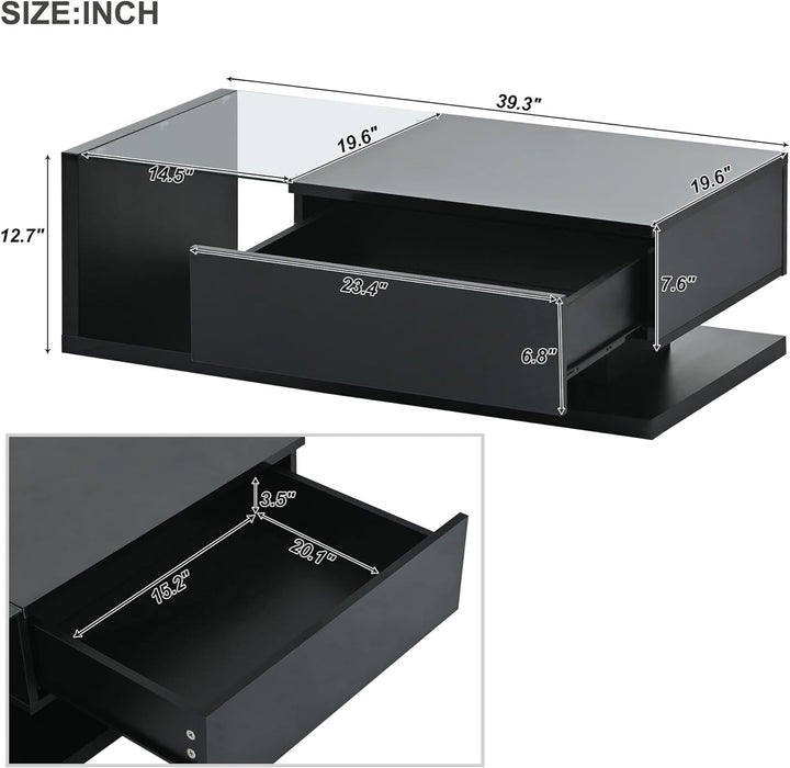 Merax 2-Tier Rectangular Coffee Table, Tempered Glass, Black