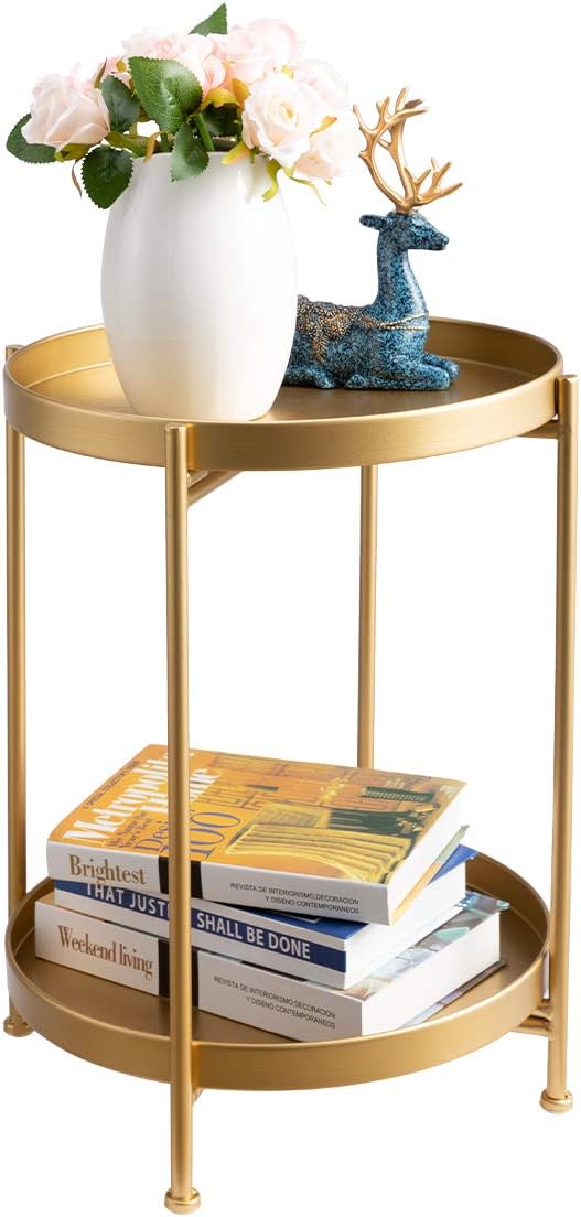 2-Tier Round Metal End Table, Golden Accent Table