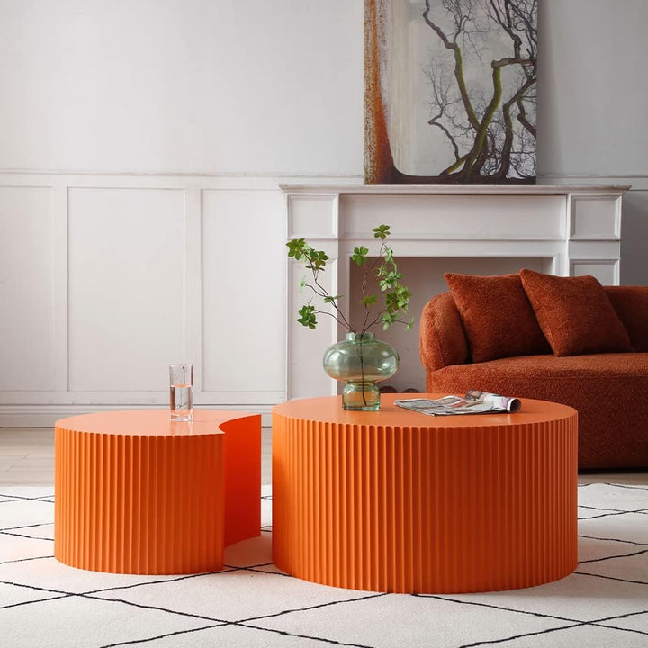 Modern Nesting Coffee Table Set, Round End Table Set, Wood Side Table, Orange