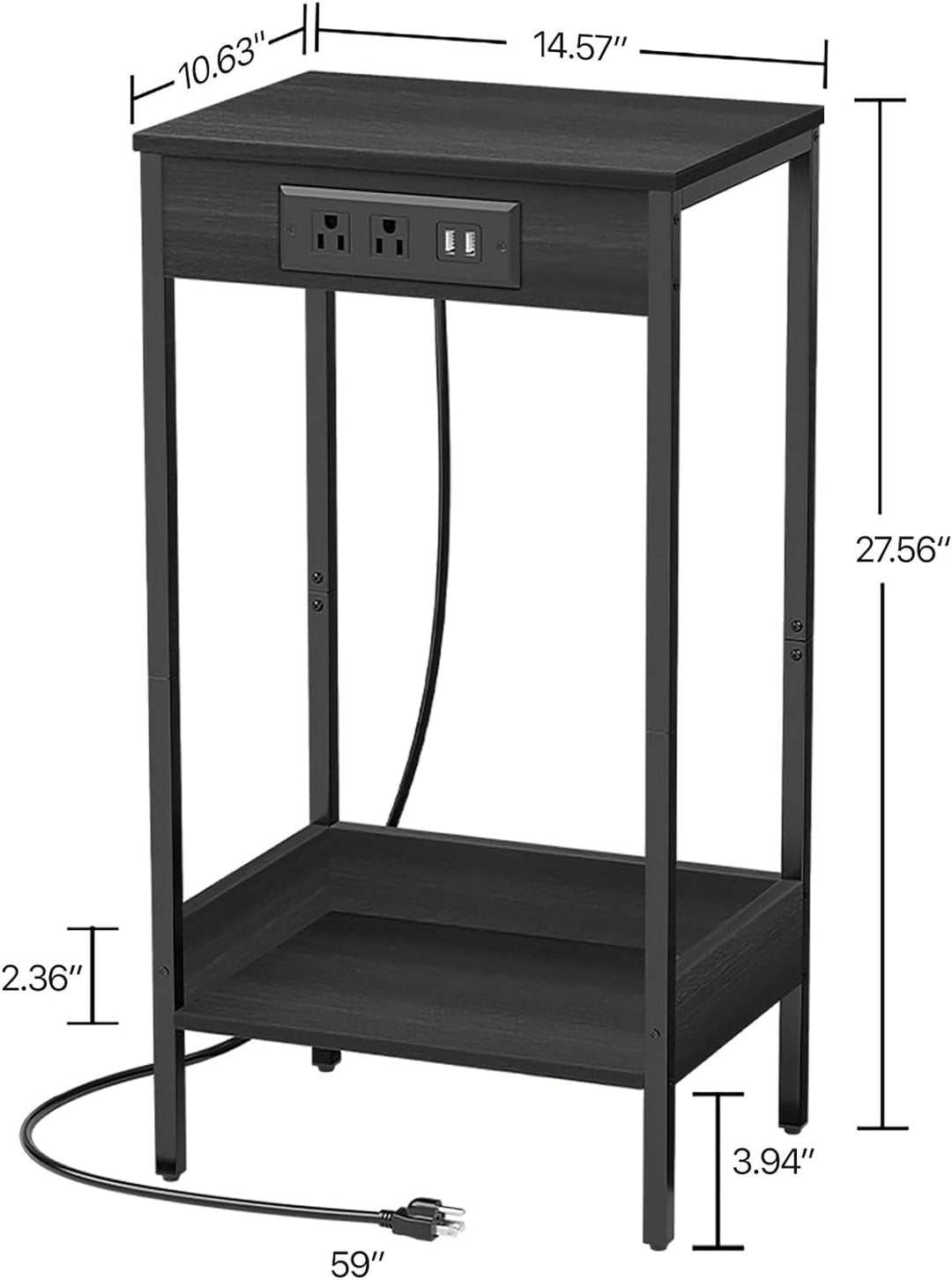 Tall Side Table w/ Charging Station, Black Table