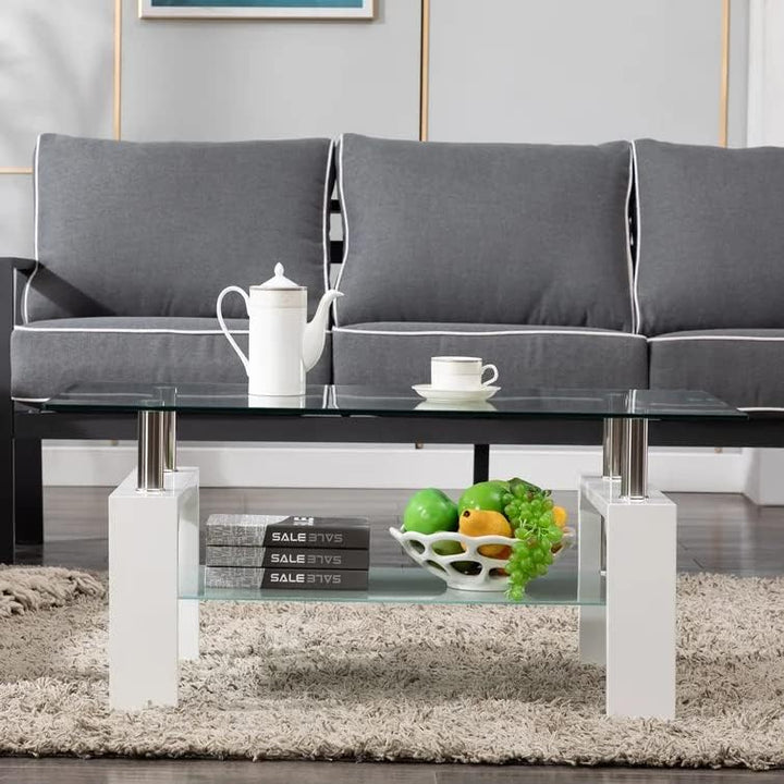 Elegant 2-Tier Glass Coffee Table, Modern Side Table, Tempered Glass