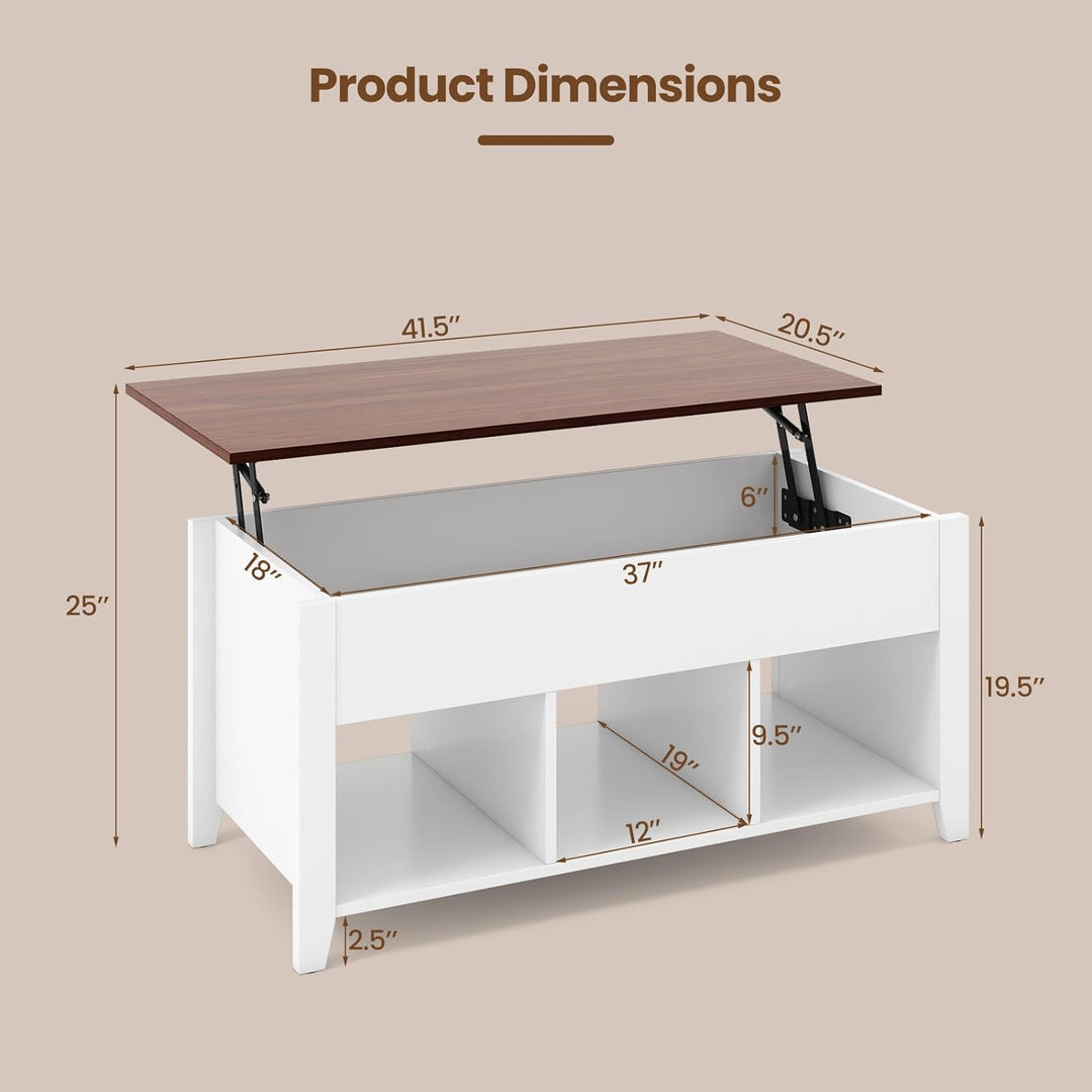 Lift Top Coffee Table with Hidden Compartment, 3 Shelves, White