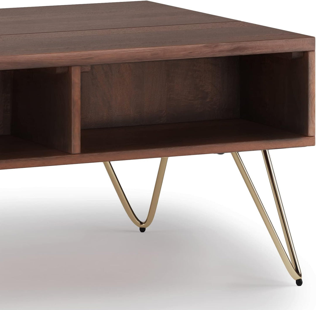 Solid Mango Wood and Metal Industrial Contemporary Small Lift Top Coffee Table, Umber Brown and Gold