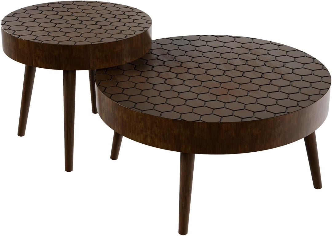 Stylish Round Nesting Coffee Table Set, Honeycomb Pattern, Wood Grain