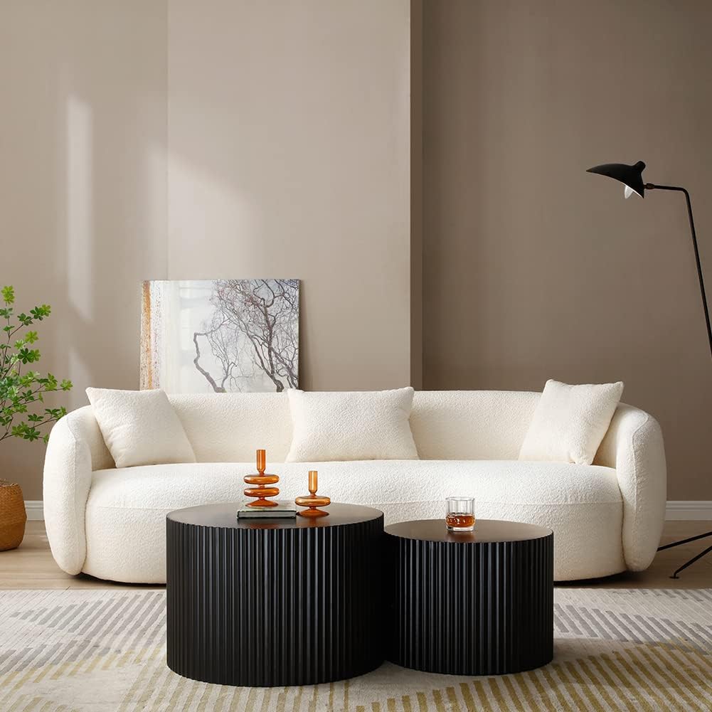 Elegant Round Nesting Coffee Table Set, Modern Fluted Drum, Black