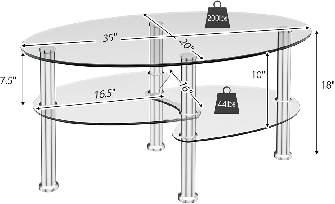 Tempered Glass Coffee Table, 3-Tier Steel Tea Table, Clear Glass