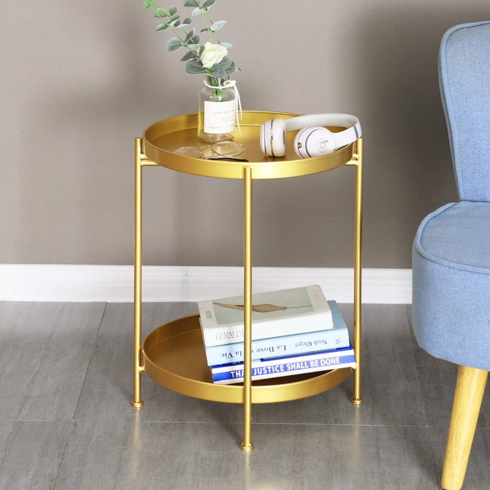 2-Tier End Table Metal Round Side Table, Gold