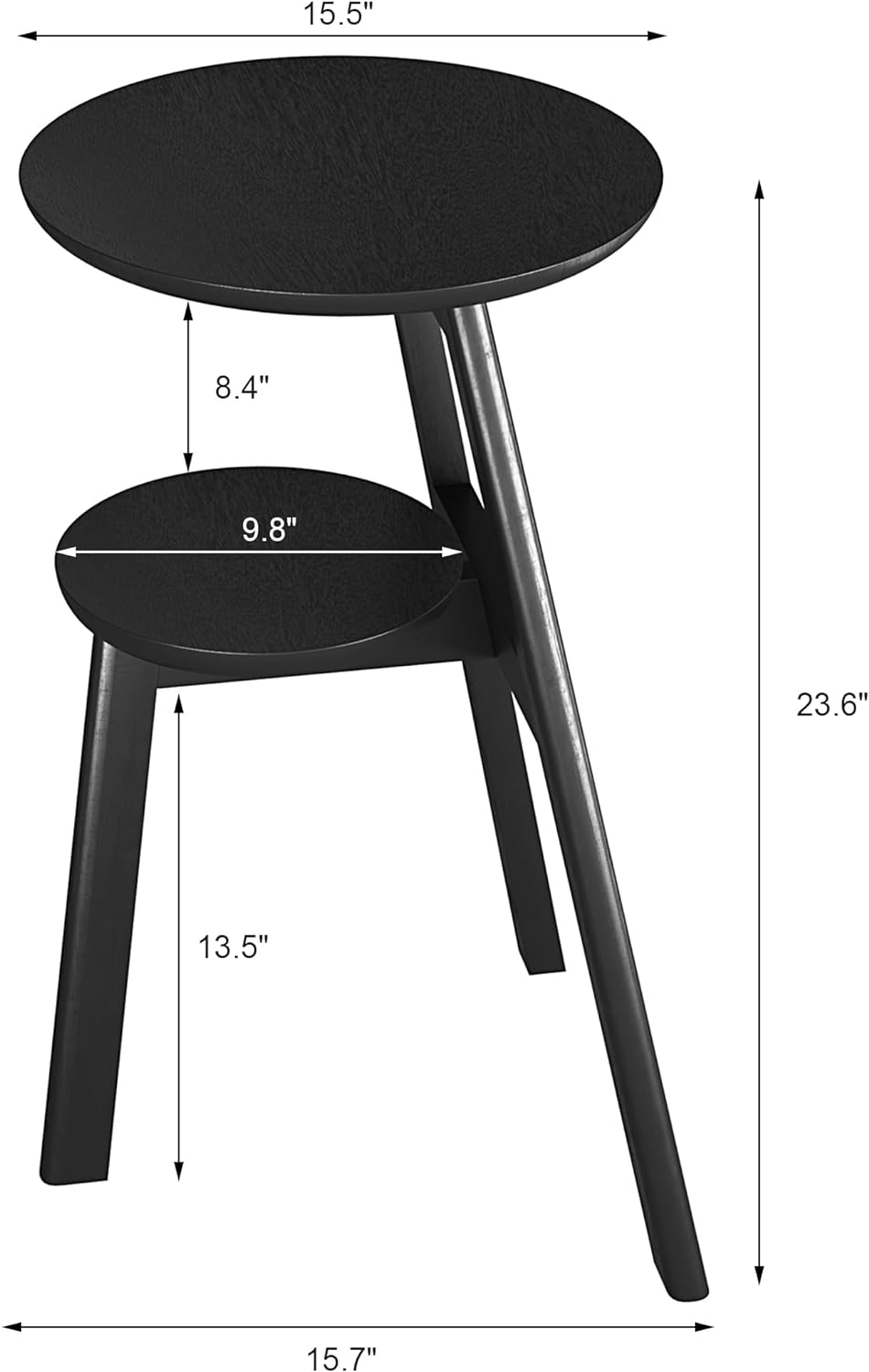 Round End Side Table, 2 Tier Shelves, Black