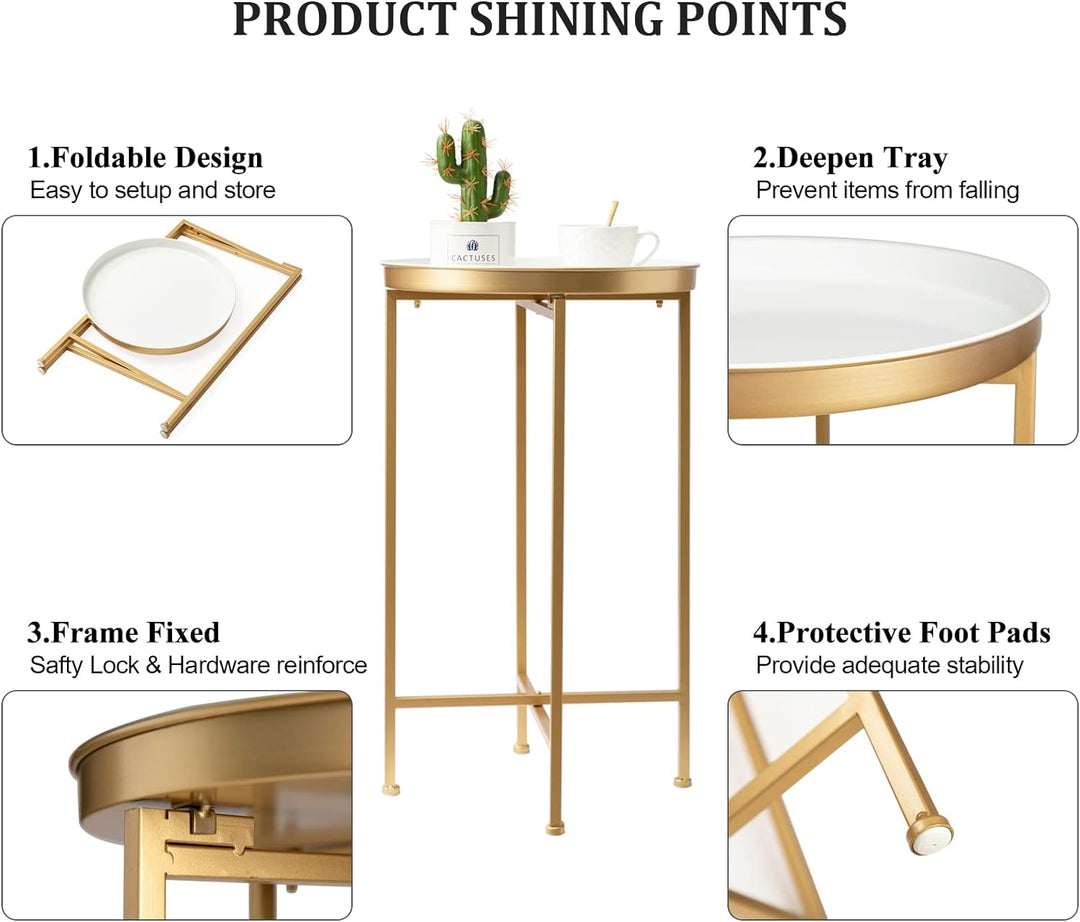 Gold Side Table, Metal Folding End Table White