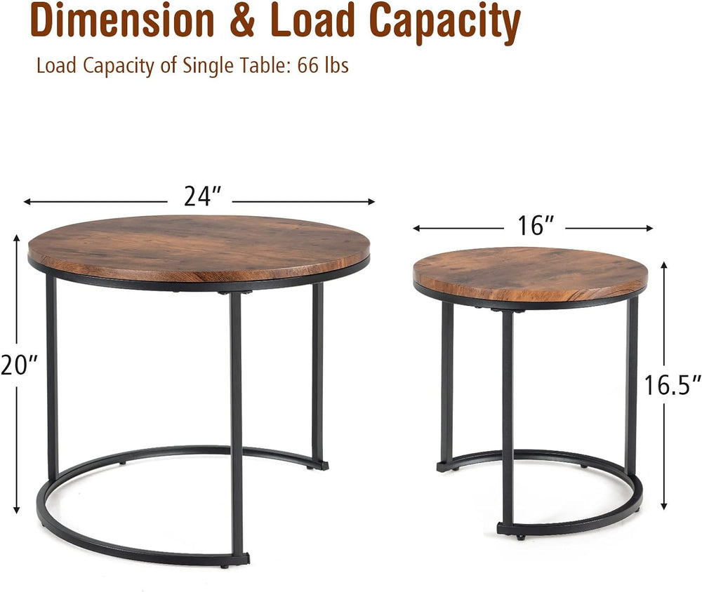 Nesting Coffee Table Set, Round Stacking Side Tables, Rustic Brown