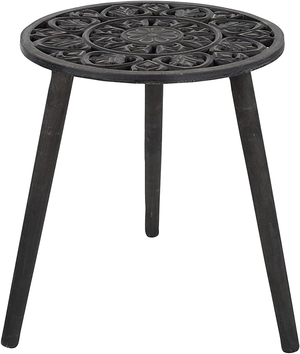 Wood Floral Intricately Carved Accent Table, Black