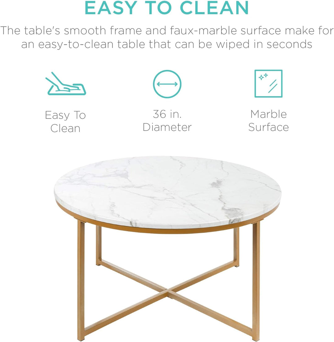 Faux Marble Accent Table, Modern End Table - White/Gold