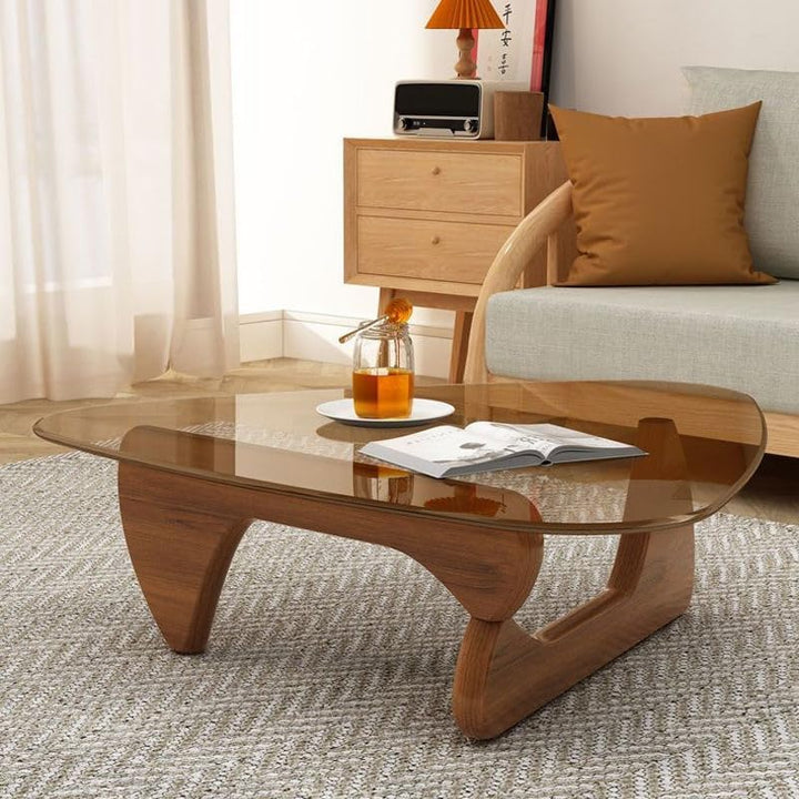 Triangle Glass Coffee Table, Mid-Century Modern End Table, Walnut Teal