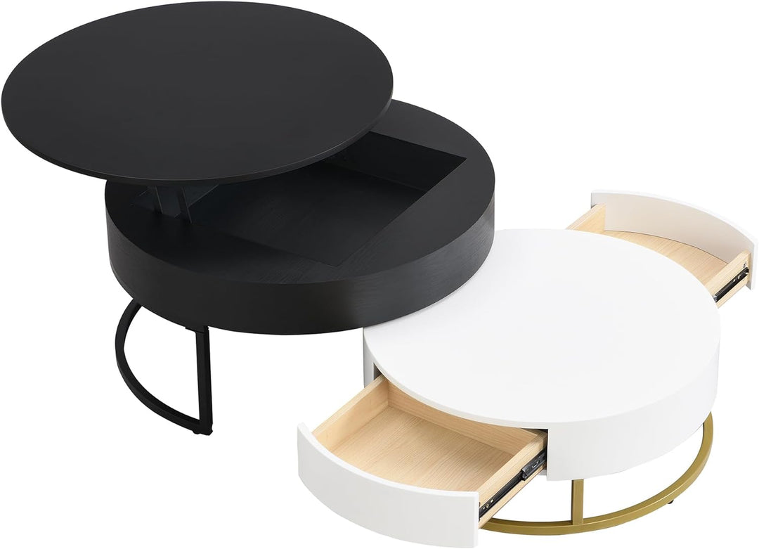 LUMISOL Lift Top Coffee Table Set, Nesting Round Tables, Hidden Storage, Whiteblack