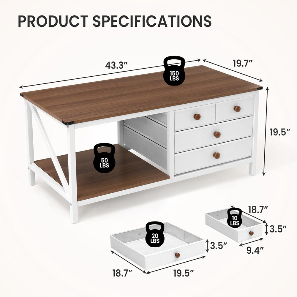 Farmhouse Coffee Table with Storage Drawers, White