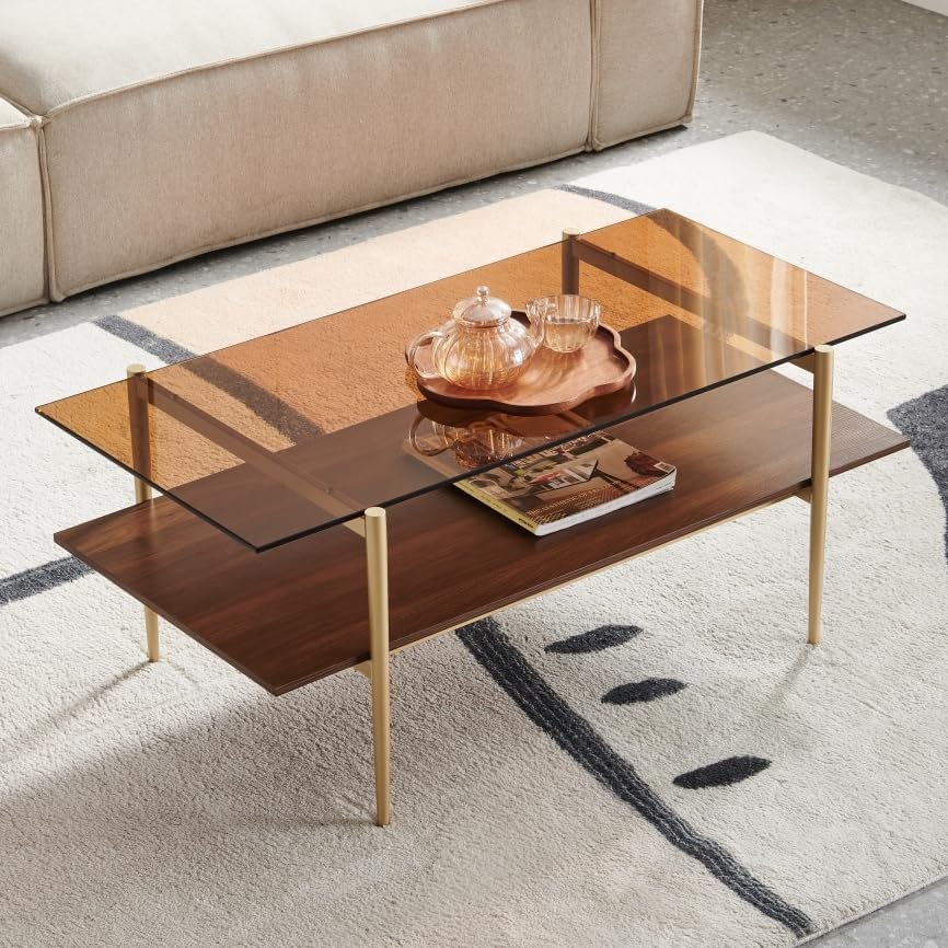 AGV LIGHTING Glass Coffee Table, Double Layer, Gold Frame, Coffee Brown Glass Top, Walnut Brown Wood Top