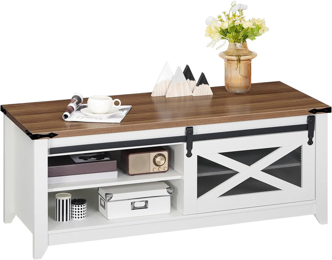 White Farmhouse Coffee Table, Rectangular with Adjustable Shelves